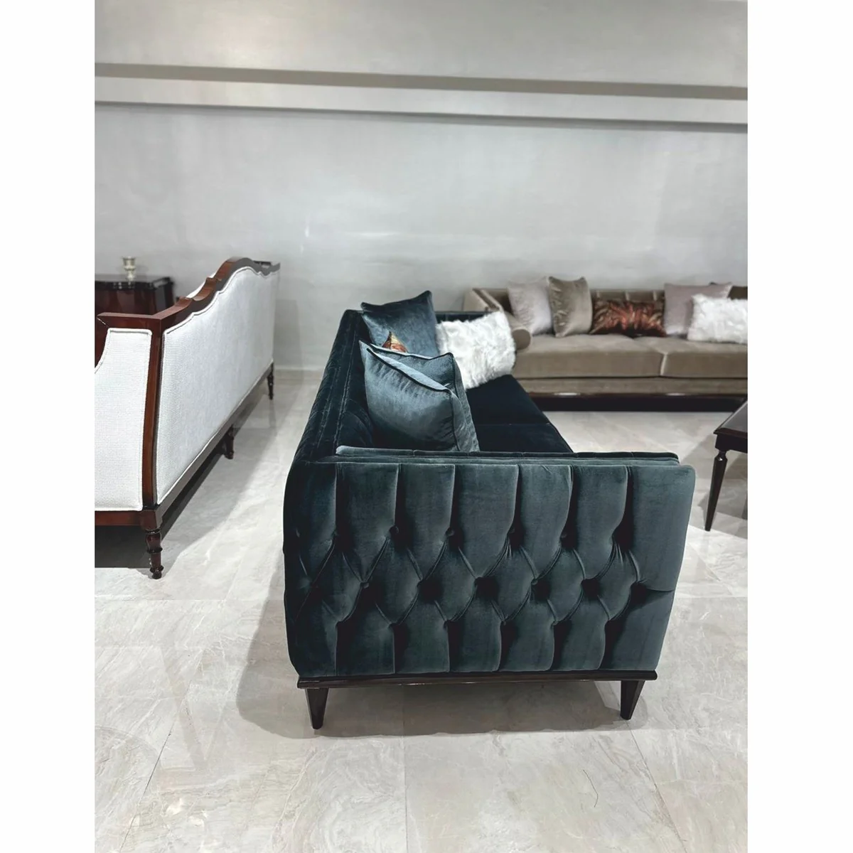 Luxus Art Deco Samt Sofa Dunkelgrün / Dunkelbraun 235 cm - Wohnzimmer Möbel