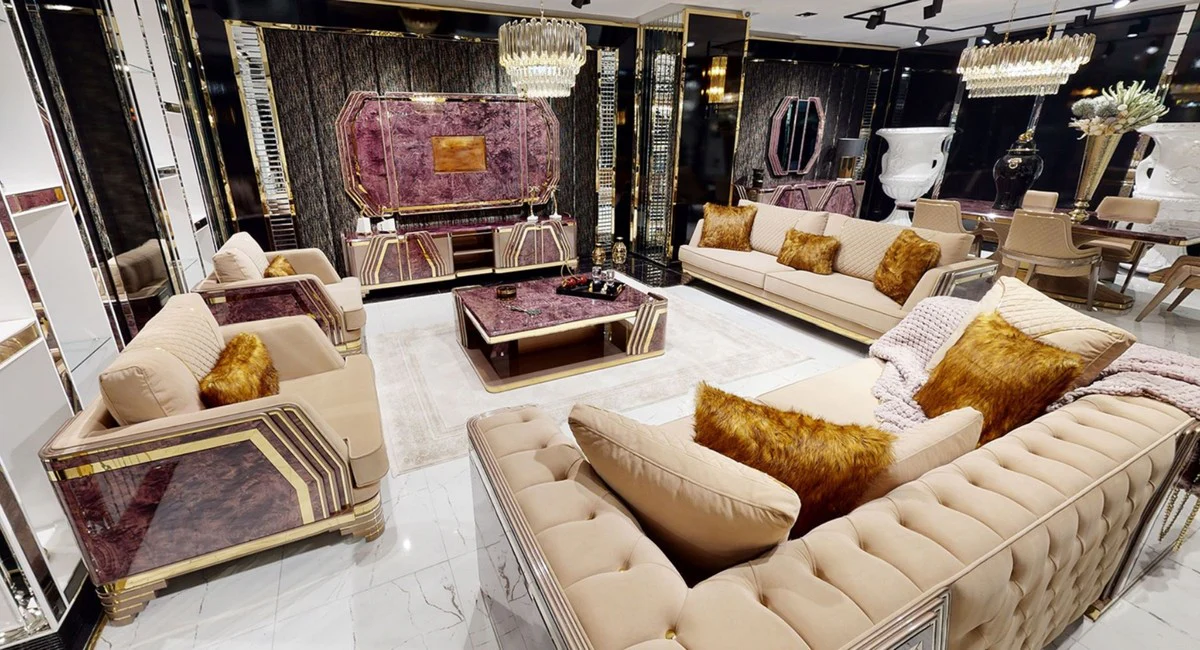 Luxus Art Deco Wohnzimmer Set Beige / Lila / Grau / Gold - 2 Sofas & 2 Sessel & 1 Couchtisch - Luxus Art Deco Wohnzimmer & Hotel Möbel