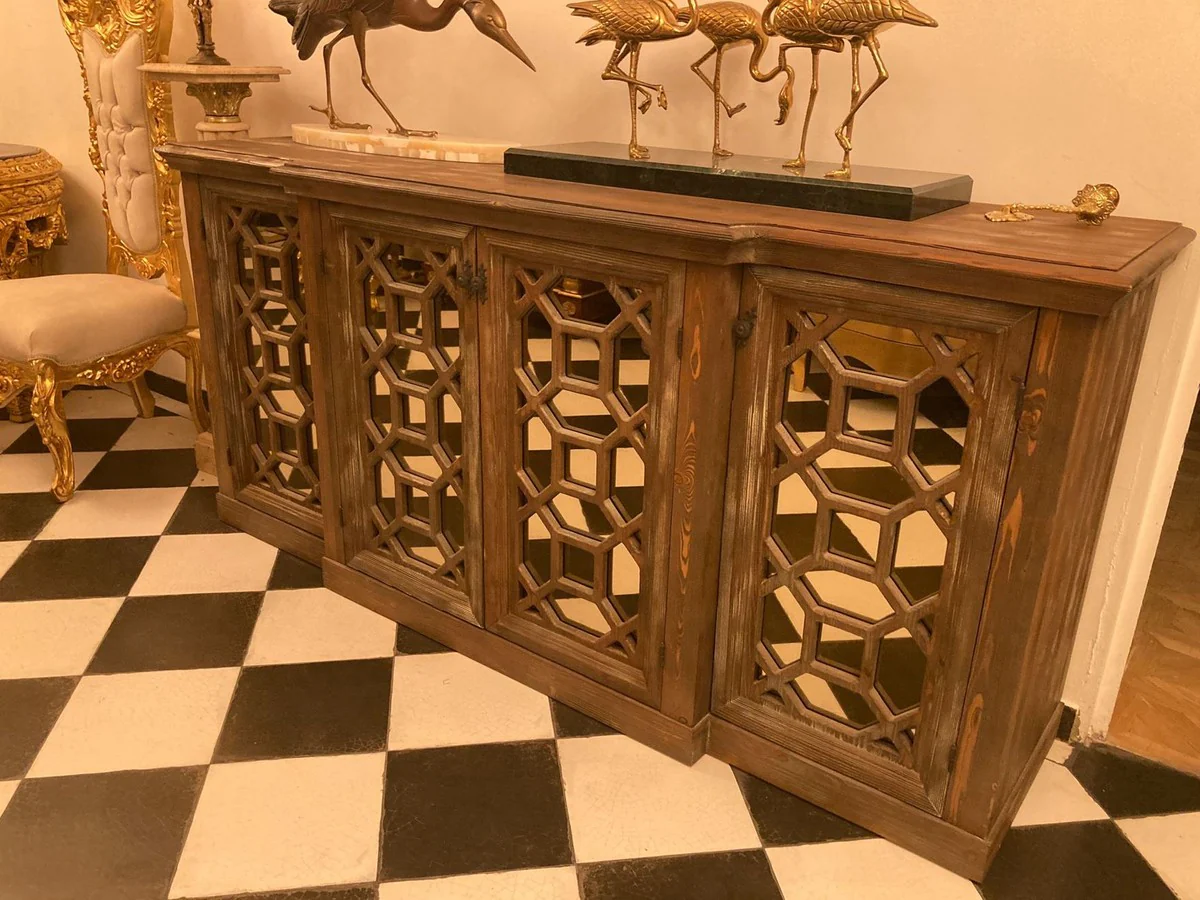 Landhausstil Sideboard Antik Braun 210 x 50 x H. 100 cm - Massivholz Schrank mit 4 verspiegelten Türen - Landhausstil Möbel