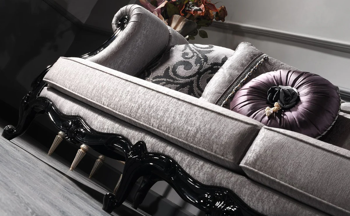 Luxus Barock Wohnzimmer Sofa Silber / Schwarz 256 x 90 x H. 84 cm - Edle Barock Möbel