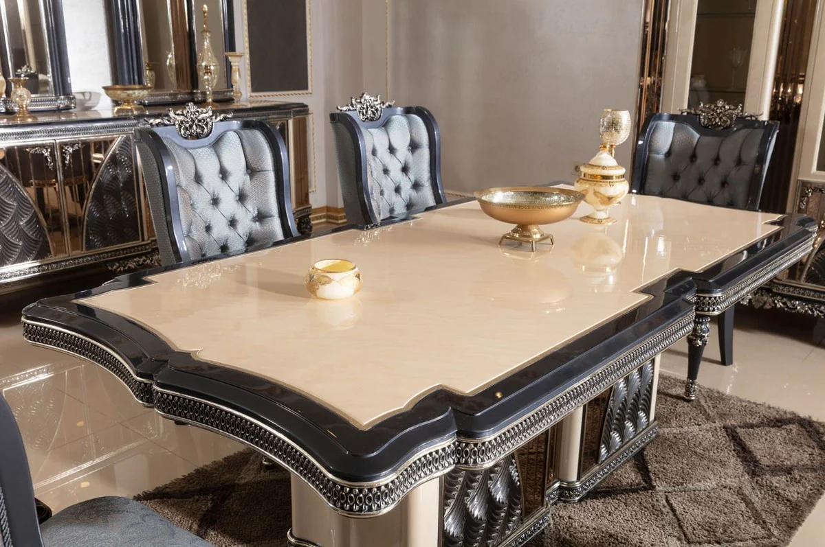 Luxus Barock Esstisch Beige / Schwarz / Gold - Rechteckiger Barockstil Küchentisch - Luxus Esszimmer Möbel im Barockstil - Barock Esszimmer Möbel - Barock Einrichtung
