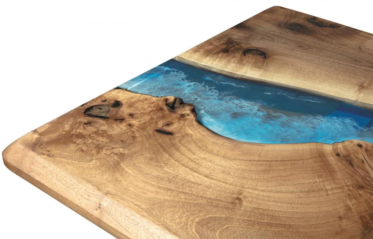 Luxus Esstisch Braun / Blau / Silber 250 x 100 x H. 76 cm - Rechteckiger Küchentisch mit Epoxiharz - Esszimmer Möbel - Epoxiharz Möbel - Luxus Möbel