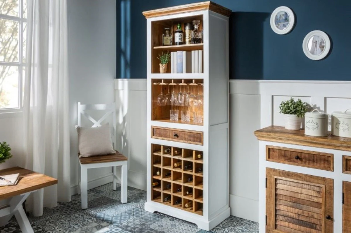 Landhausstil Weinschrank Weiß / Naturfarben 72 x 40 x H. 196 cm - Handgefertigter Massivholz Barschrank - Barmöbel im Landhausstil