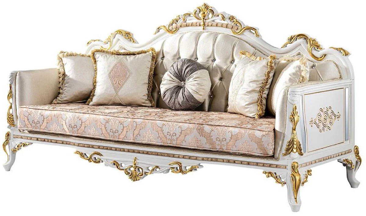 Luxus Barock Sofa Gold / Silber / Braun / Weiß / Gold - Prunkvolles Wohnzimmer Sofa mit Glitzersteinen - Barockstil Wohnzimmer Möbel - Luxus Möbel im Barockstil - Barock Einrichtung