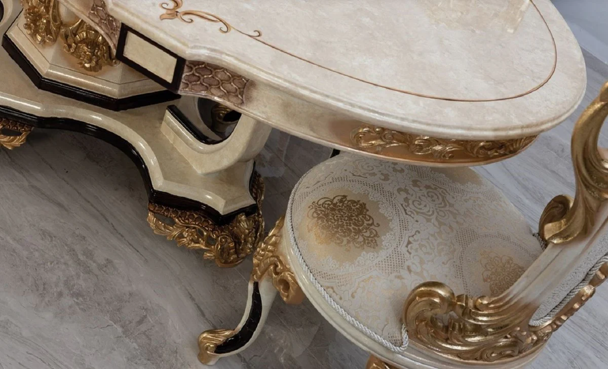 Luxus Barock Esszimmerstuhl 6er Set Weiß / Creme / Beige / Schwarz / Gold - Barockstil Küchenstühle mit Muster - Luxus Esszimmer Möbel im Barockstil - Barock Esszimmer Möbel