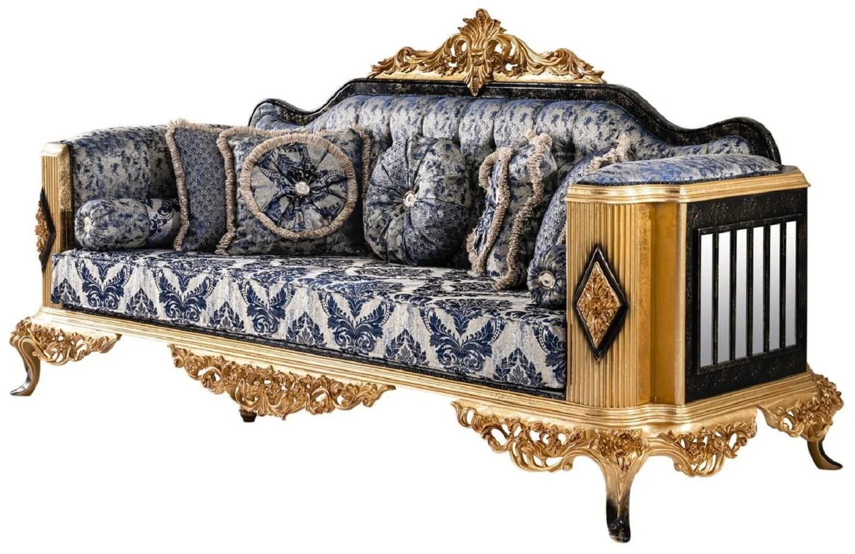 Luxus Barock Wohnzimmer Set Blau / Schwarz / Gold - 2 Barock Sofas & 2 Barock Sessel & 1 Barock Couchtisch - Luxus Wohnzimmer Möbel im Barockstil - Barock Möbel - Edel & Prunkvoll