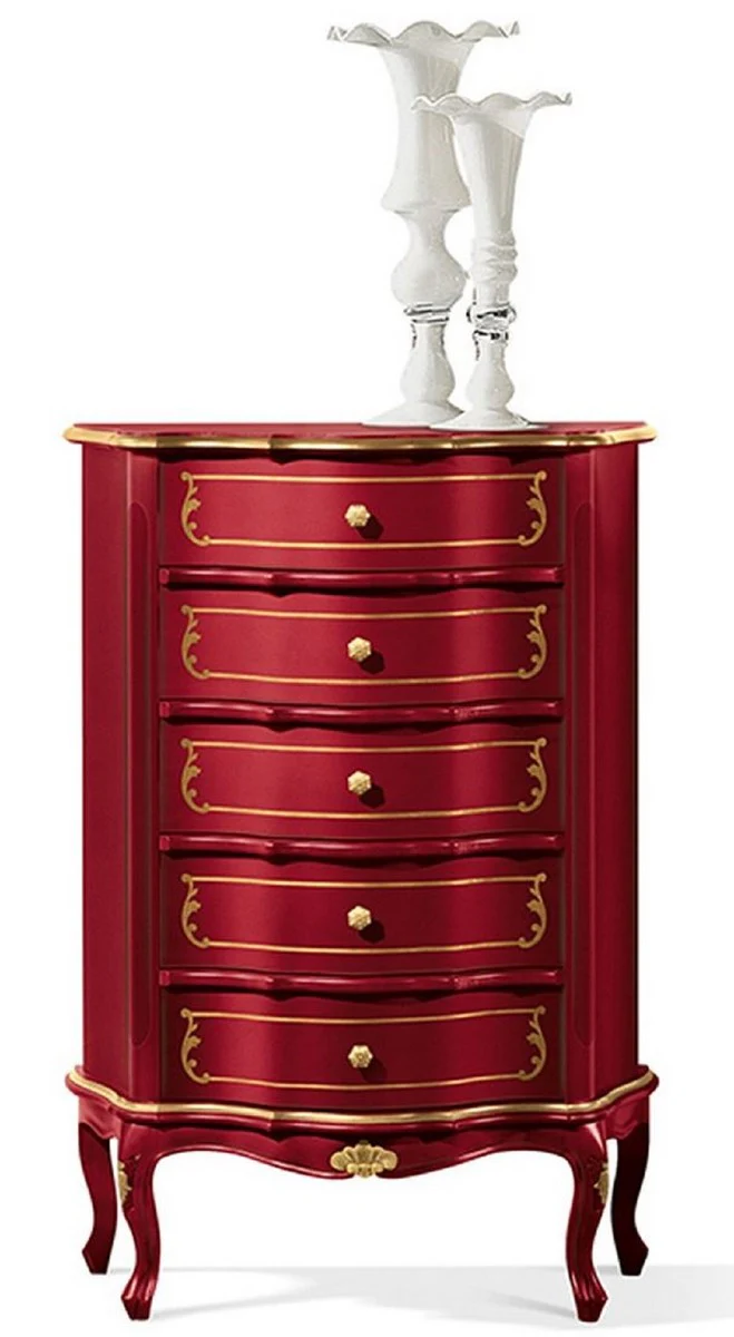 Luxus Barock Kommode Bordeauxrot / Gold - Edler Massivholz Schrank mit 5 Schubladen - Barock Möbel - Luxus Qualität - Made in Italy