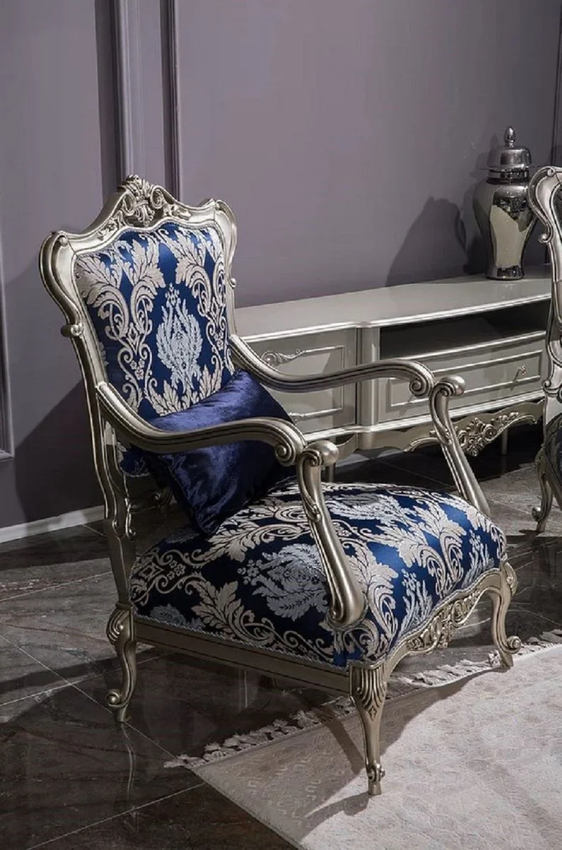 Luxus Barock Wohnzimmer Set Blau / Rosa / Silber - 2 Barock Sofas & 2 Barock Sessel & 1 Barock Couchtisch - Wohnzimmer Möbel im Barockstil - Barock Möbel - Barock Einrichtung
