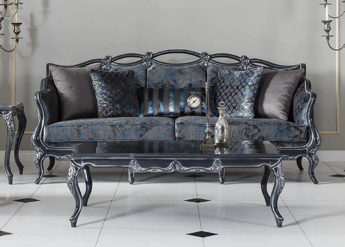 Luxus Barock Sofa Grau / Blau / Grau 224 x 103 x H. 110 cm - Edles Wohnzimmer Sofa mit elegantem Muster und dekorativen Kissen - Barockstil Wohnzimmer Möbel