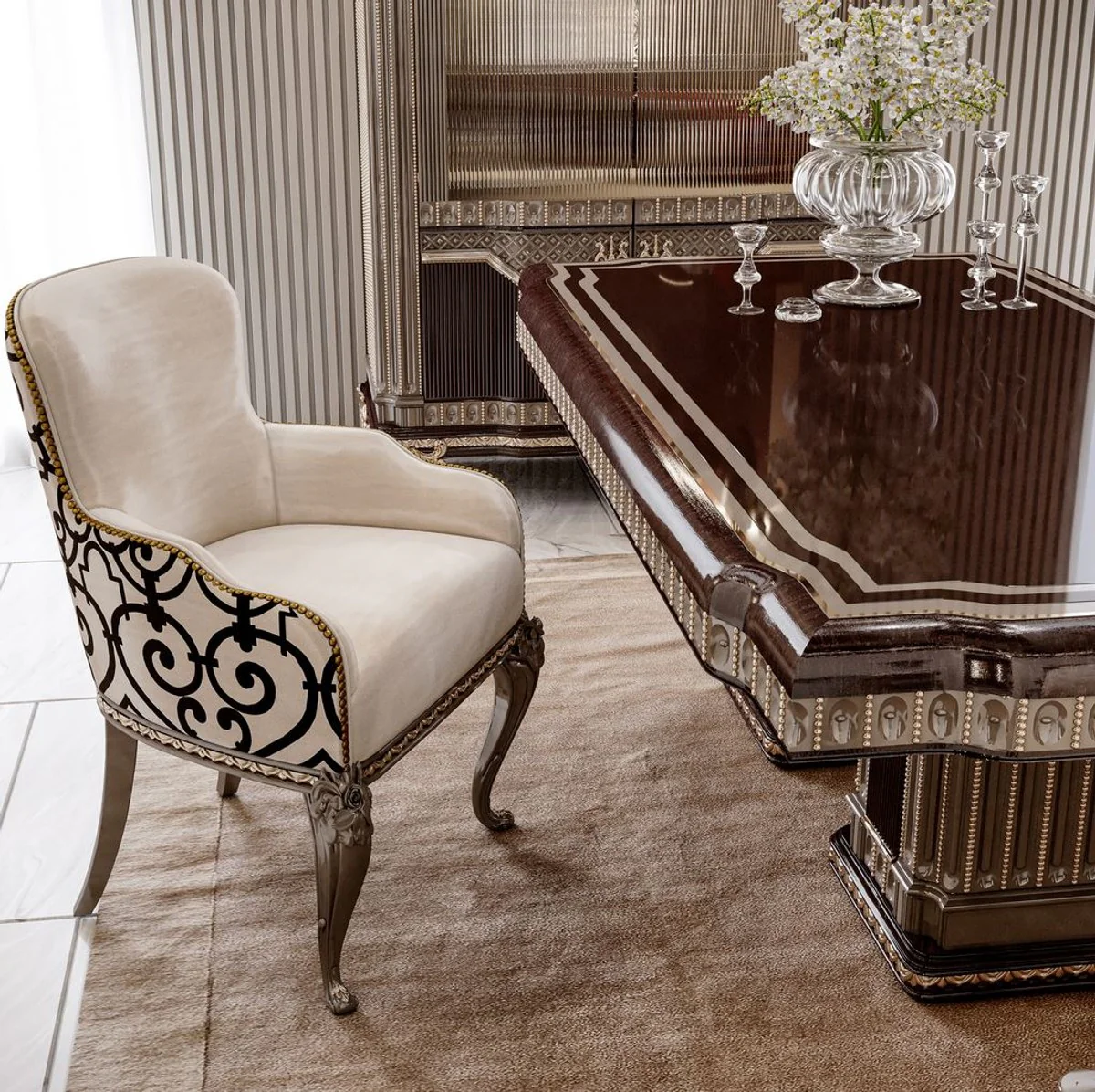 Luxus Barock Esstisch Dunkelbraun / Grau 250 cm