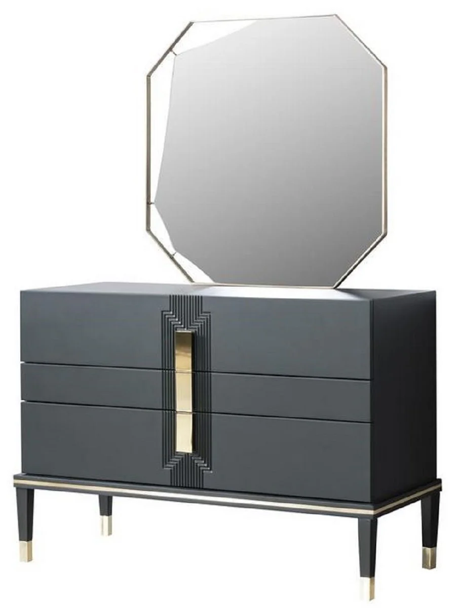 Luxus Schlafzimmer Kommode mit Wandspiegel Schwarz / Gold - Moderner Massivholz Schrank mit elegantem Spiegel - Luxus Schlafzimmer Möbel