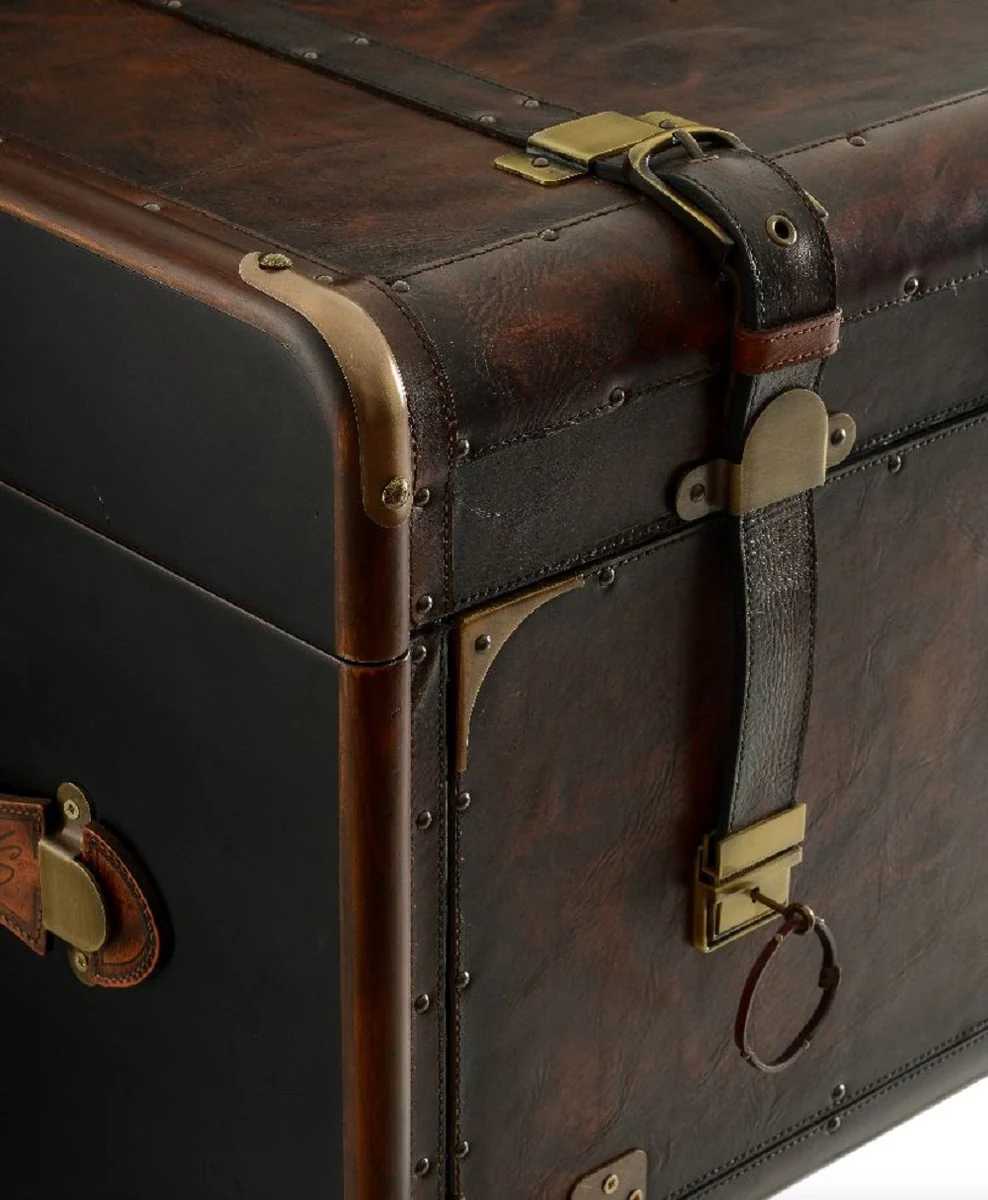 Luxus Leder Minibar in Koffer Optik Dunkelbraun / Schwarz / Messing 45,5 x 45,5 x H. 73 cm - Echtleder Minibar - Bar Möbel - Echtleder Möbel - Luxus Möbel in Koffer Optik