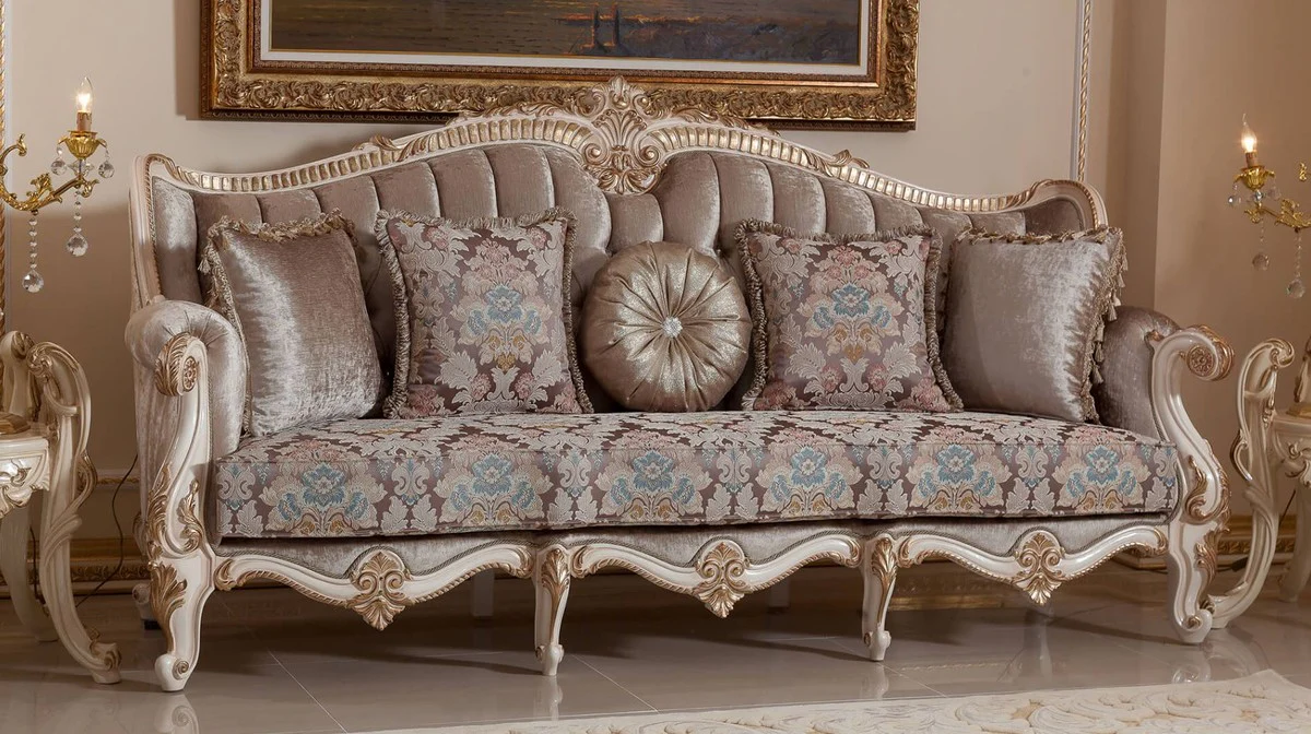 Luxus Barock Sofa Braun / Weiß / Gold 245 cm