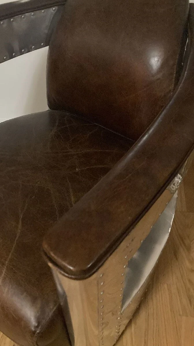 Luxus Art Deco Leder Sessel Vintage Dunkelbraun / Silber - Aluminium Wohnzimmer Sessel mit hochwertigem Echtleder - Lounge Sessel - Flugzeug Flieger Echtleder Möbel - Luxus Möbel