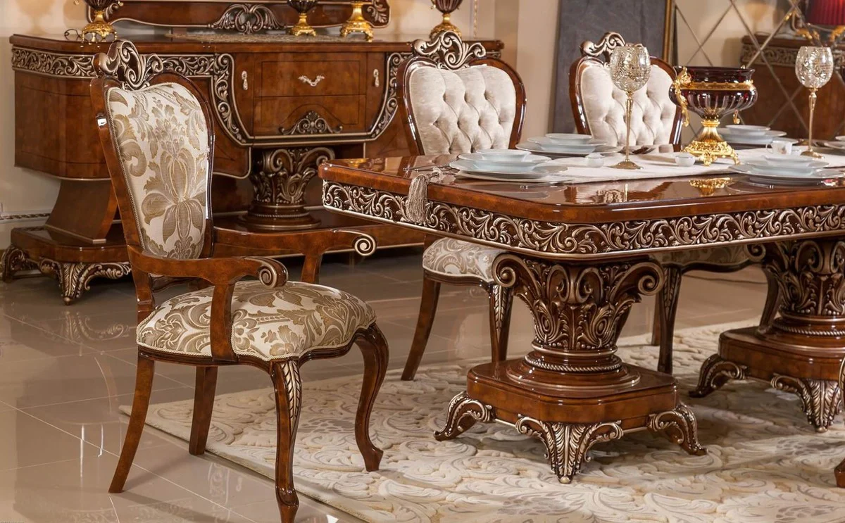 Luxus Barock Esszimmer Set Braun / Gold / Bronze - 1 Barock Esstisch & 6 Barock Esszimmerstühle - Barock Esszimmer Möbel - Luxus Möbel im Barockstil - Edel & Prunkvoll