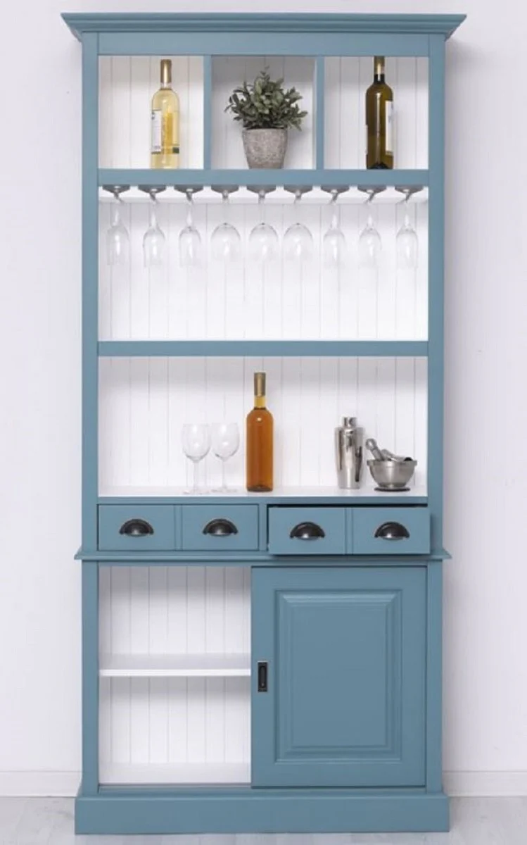 Landhausstil Massivholz Barschrank Blau / Weiß 103 x 36 x H. 210 cm - Massivholz Weinschrank im Landhausstil - Massivholz Bar Möbel - Landhausstil Bar Möbel