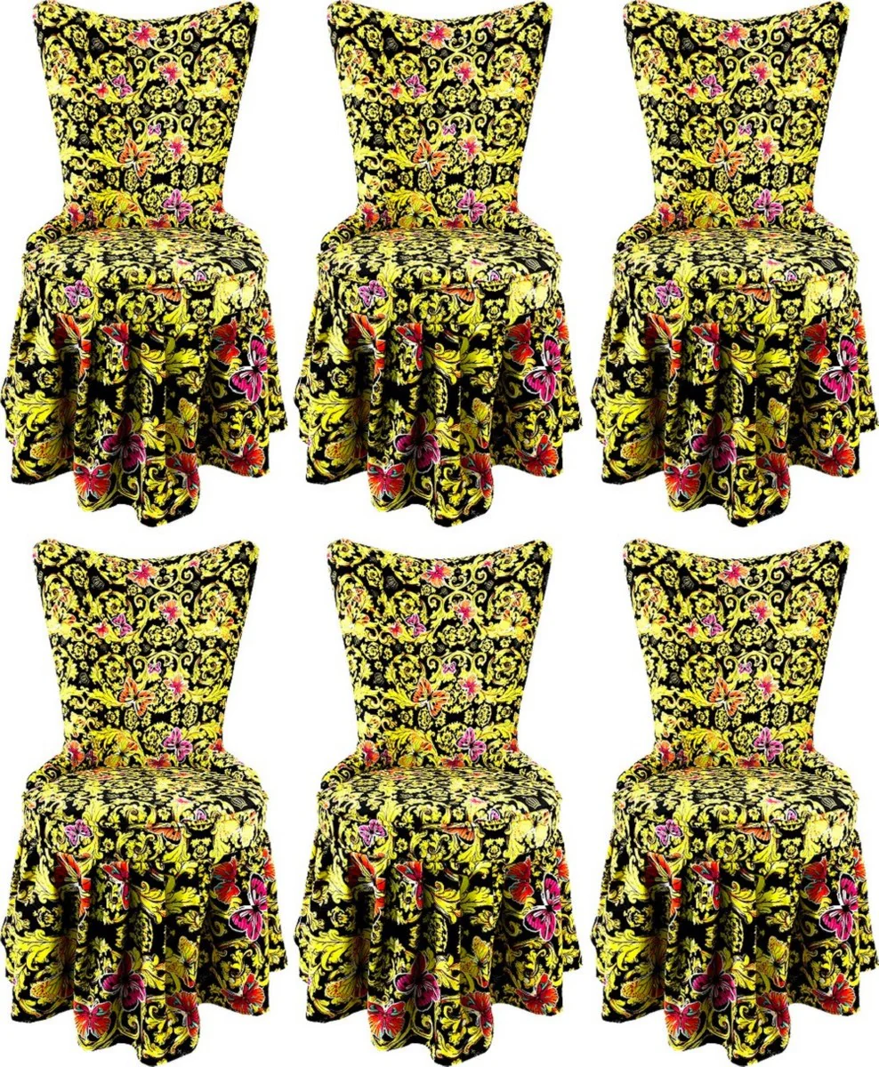 Pompöös by Luxus Barock Schloss Esszimmerstühle Butterflies & Flowers Mehrfarbig / Schwarz / Gold - Pompööse Barock Stühle designed by Harald Glööckler - 6 Esszimmerstühle - Barock Möbel