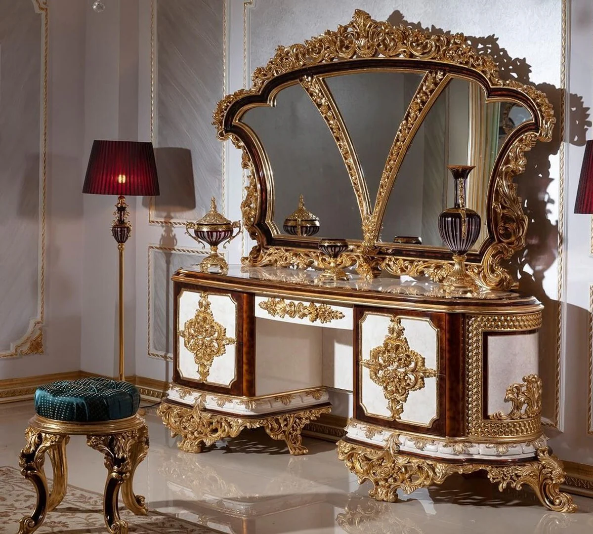 Luxus Barock Schlafzimmer Set Weiß / Braun / Gold - 1 Barock Schminkkommode mit 5 Schubladen & 1 Barock Spiegel & 1 Barock Hocker - Barock Schlafzimmer Möbel - Edel & Prunkvoll