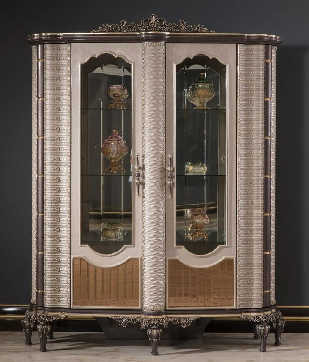 Luxus Barock Vitrine Grau / Braun / Gold - Prunkvoller Massivholz Vitrinenschrank mit 2 Glastüren - Barock Möbel - Edel & Prunkvoll