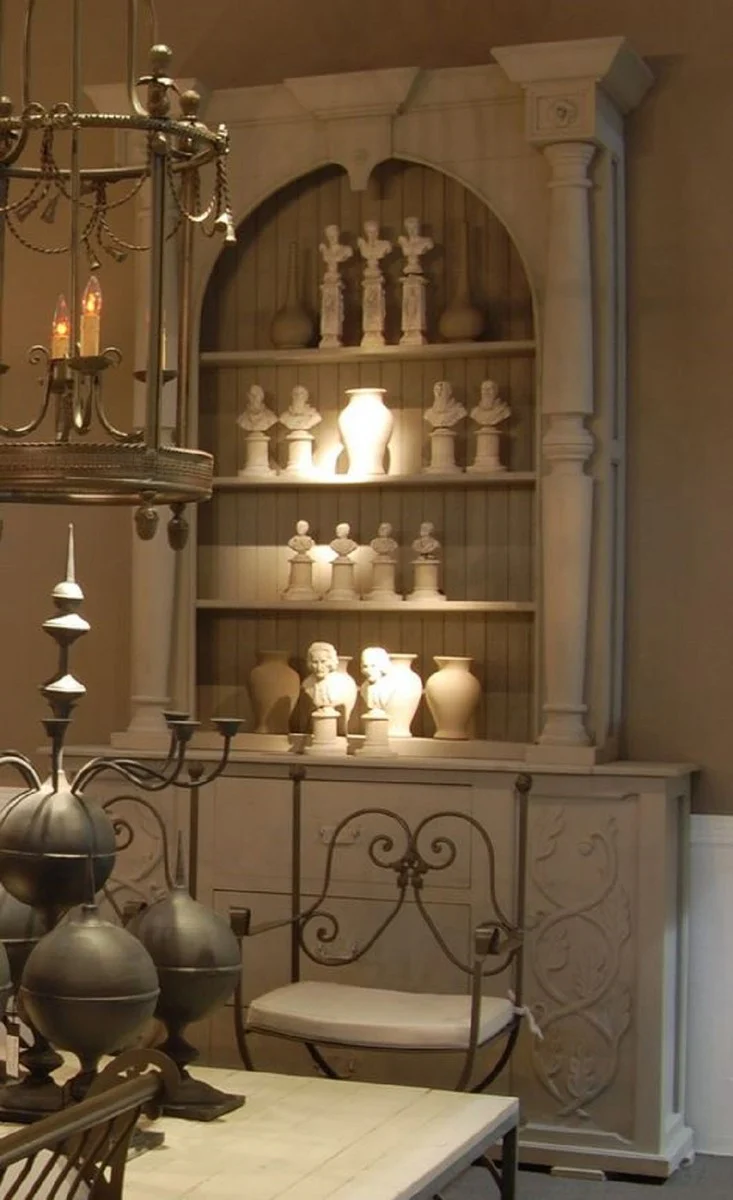 Luxus Landhausstil Schrank Hellgrau - Handgefertigter Massivholz Regalschrank - Wohnzimmerschrank - Esszimmerschrank - Landhausstil Möbel