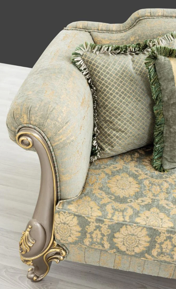 Luxus Barock Sofa Grün / Gold / Grau / Gold 225 x 90 x H. 110 cm - Prunkvolles Barockstil Wohnzimmer Sofa mit elegantem Muster - Barock Möbel