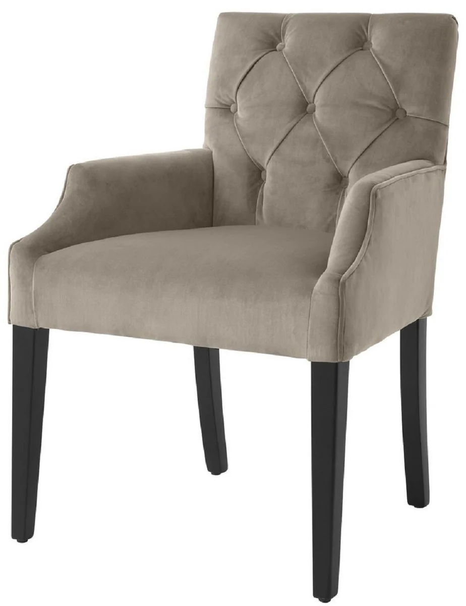Luxus Esszimmerstuhl mit Armlehnen Greige / Schwarz 63 x 65 x H. 90 cm - Chesterfield Küchenstuhl mit edlem Samtstoff - Luxus Esszimmer Möbel