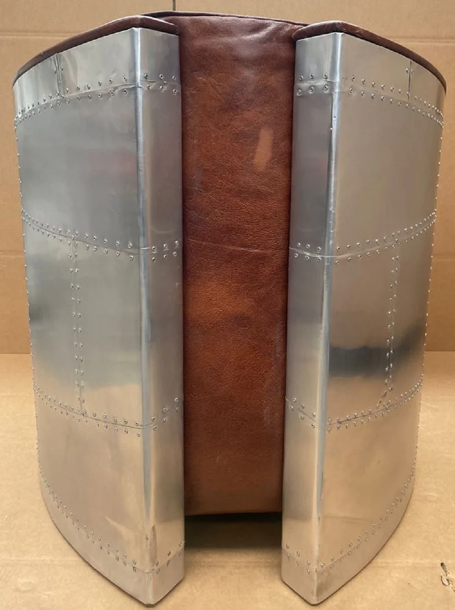 Luxus Art Deco Leder Sessel Vintage Braun / Silber - Aluminium Wohnzimmer Sessel mit hochwertigem Echtleder - Lounge Sessel - Flugzeug Flieger Echtleder Möbel