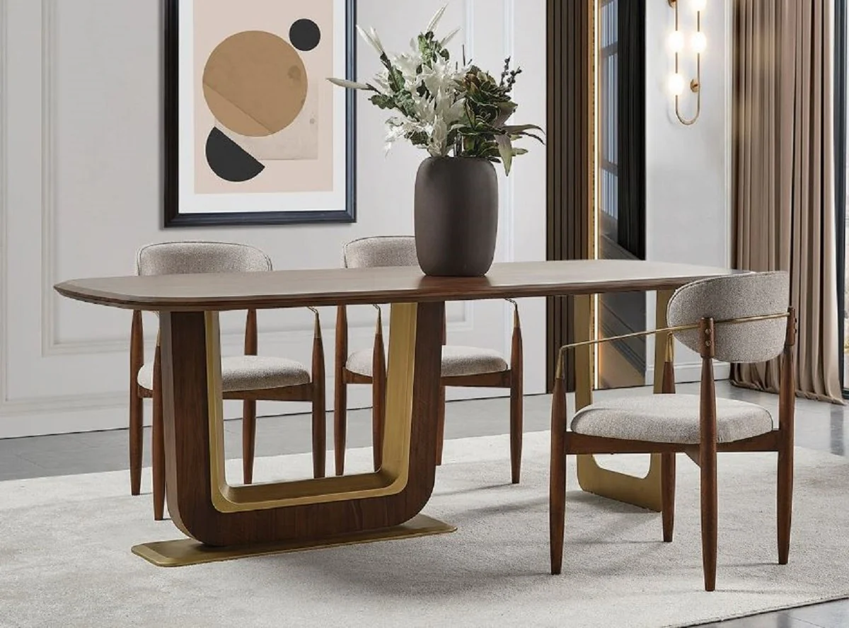 Luxus Esszimmerstuhl 6er Set mit Armlehnen Grau / Braun / Messing 69 x 52 x H. 90 cm - Esszimmer Möbel - Restaurant Möbel - Esszimmer Einrichtung - Luxus Möbel - Luxus Einrichtung