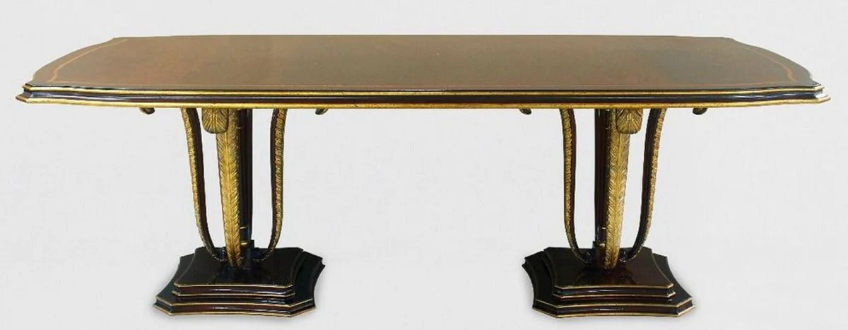 Luxus Barock Esstisch Braun / Gold 240 x 110 x H. 78 cm - Edler Massivholz Küchentisch mit dekorativen handgeschnitzten Federn - Esszimmer Möbel im Barockstil