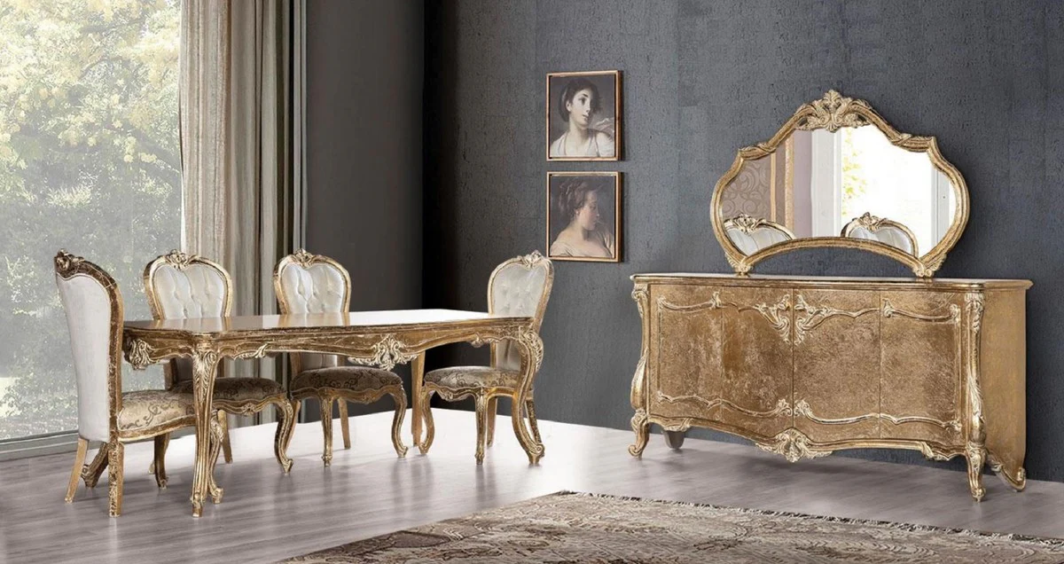 Luxus Barock Esszimmer Set Weiß / Gold / Antik Gold - 1 Barock Esstisch & 6 Barock Esszimmerstühle - Esszimmer Möbel im Barockstil - Edel & Prunkvoll