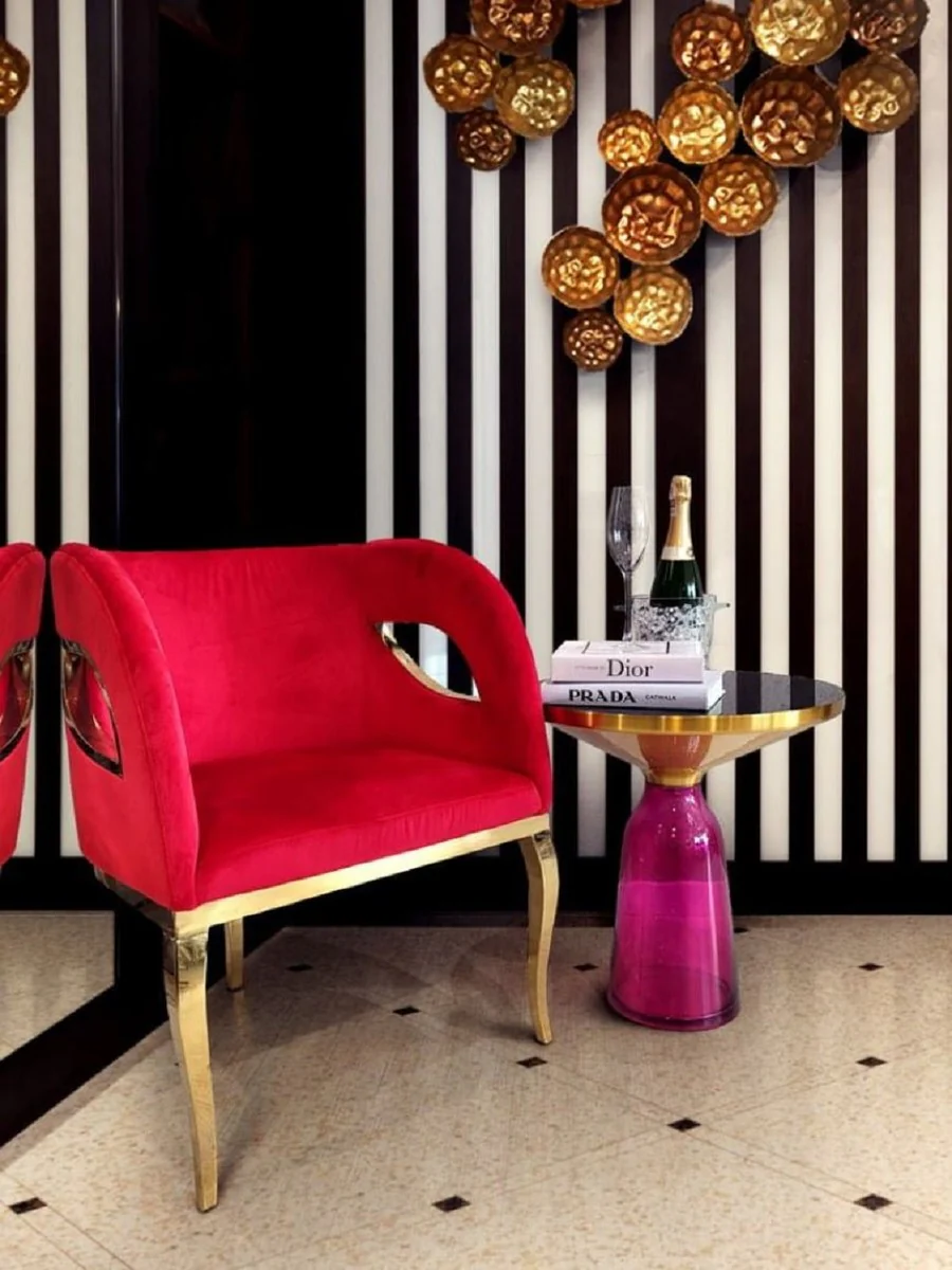 Luxus Beistelltisch Schwarz / Gold / Lila Ø 50 x H. 53 cm - Runder Glas Tisch - Wohnzimmer Möbel - Luxus Möbel