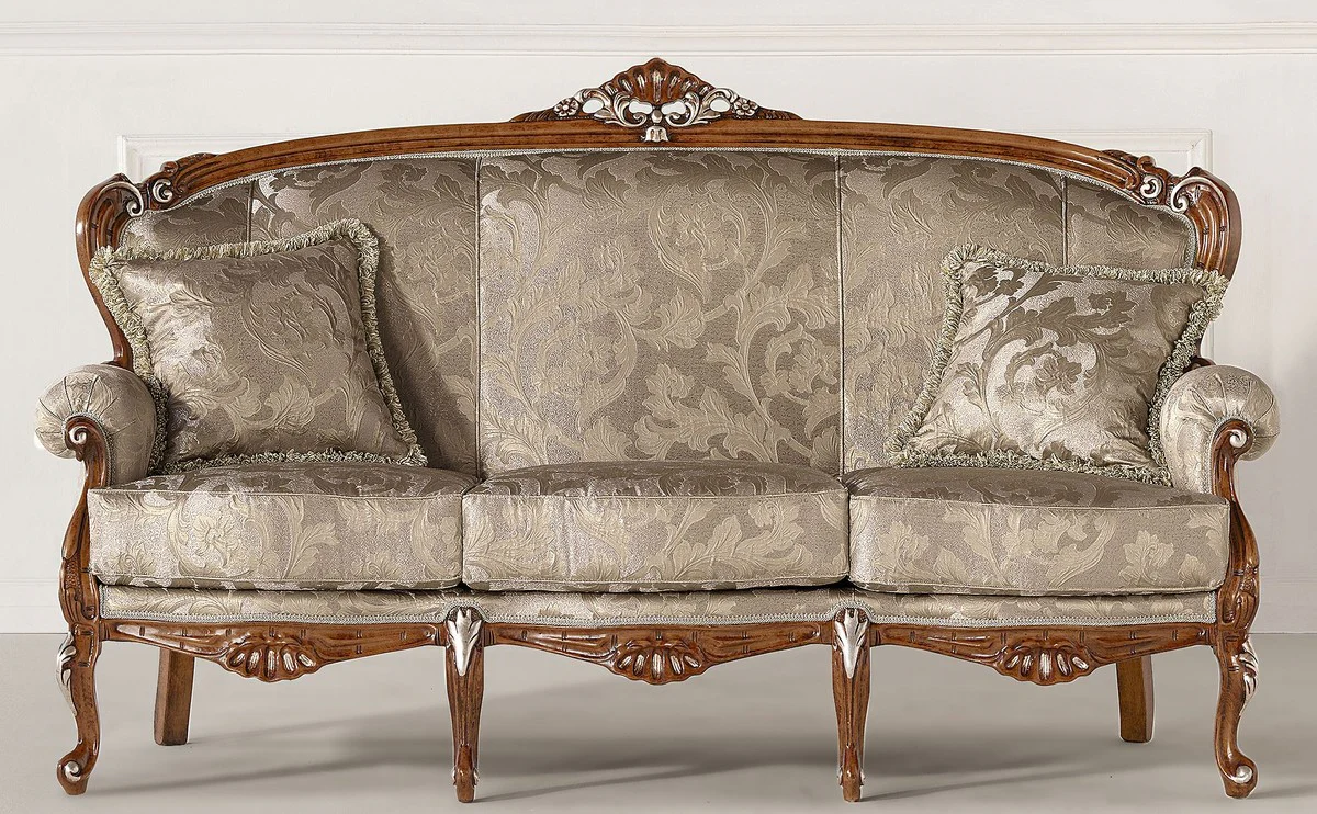 Luxus Barock Sofa Silber / Gold / Braun / Silber - Prunkvolles Barockstil Wohnzimmer Sofa - Luxus Wohnzimmer Möbel im Barockstil - Barock Möbel - Luxus Qualität - Made in Italy