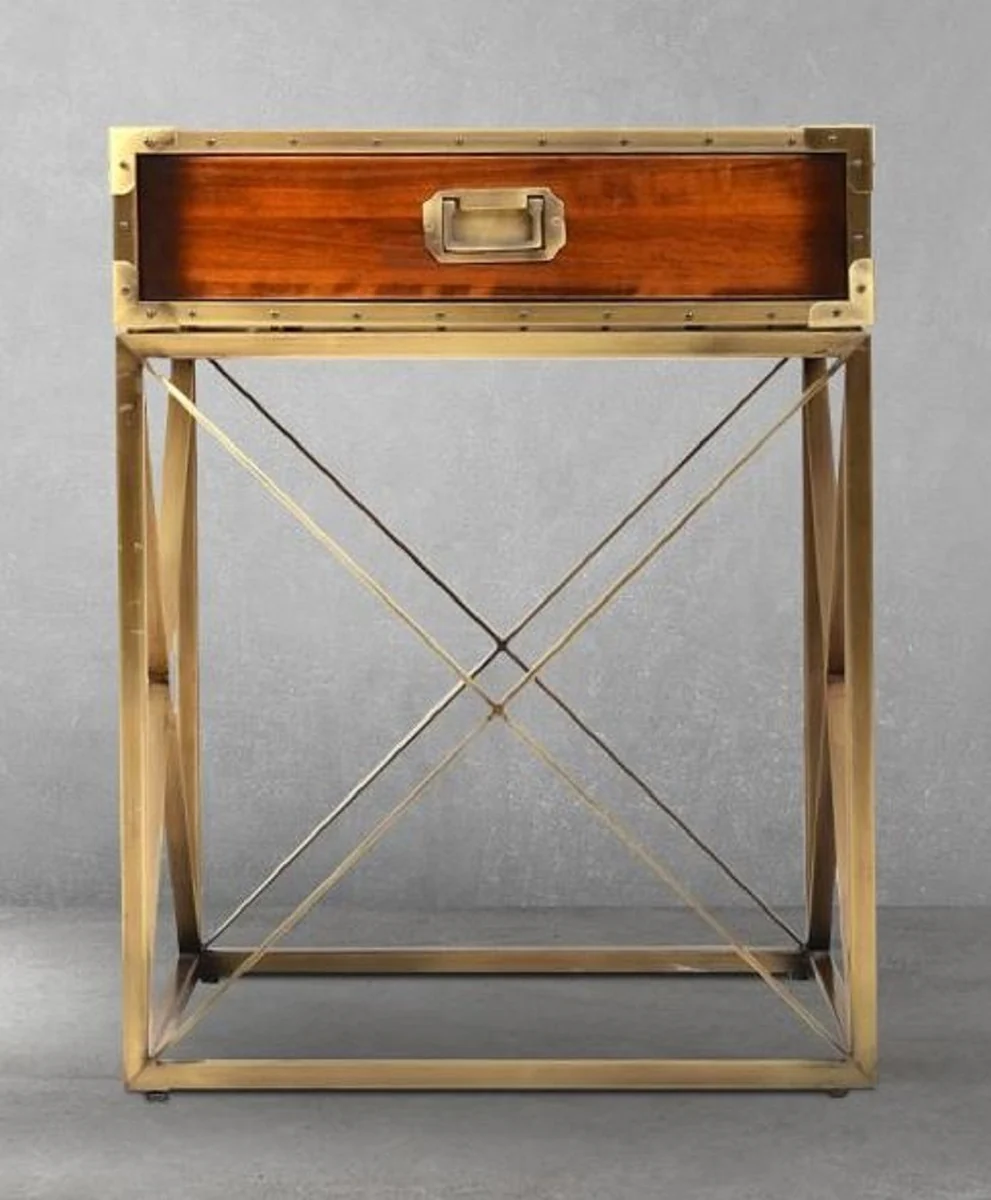 Luxus Vintage Stil Beistelltisch Braun / Messing 55,5 x 55,5 x H. 72 cm - Quadratischer Nachttisch mit Schublade - Wohnzimmer Möbel - Schlafzimmer Möbel - Luxus Vintage Stil Möbel