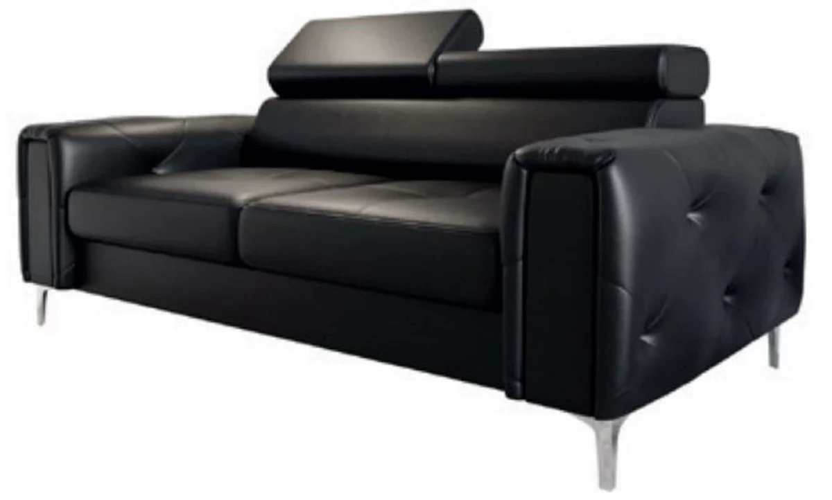 Luxus Leder Sofa Schwarz / Silber 185 x 97 x H. 78-99 cm - Naturleder Wohnzimmer Sofa mit verstellbaren Kopfstützen - Wohnzimmer Möbel - Leder Möbel - Luxus Möbel