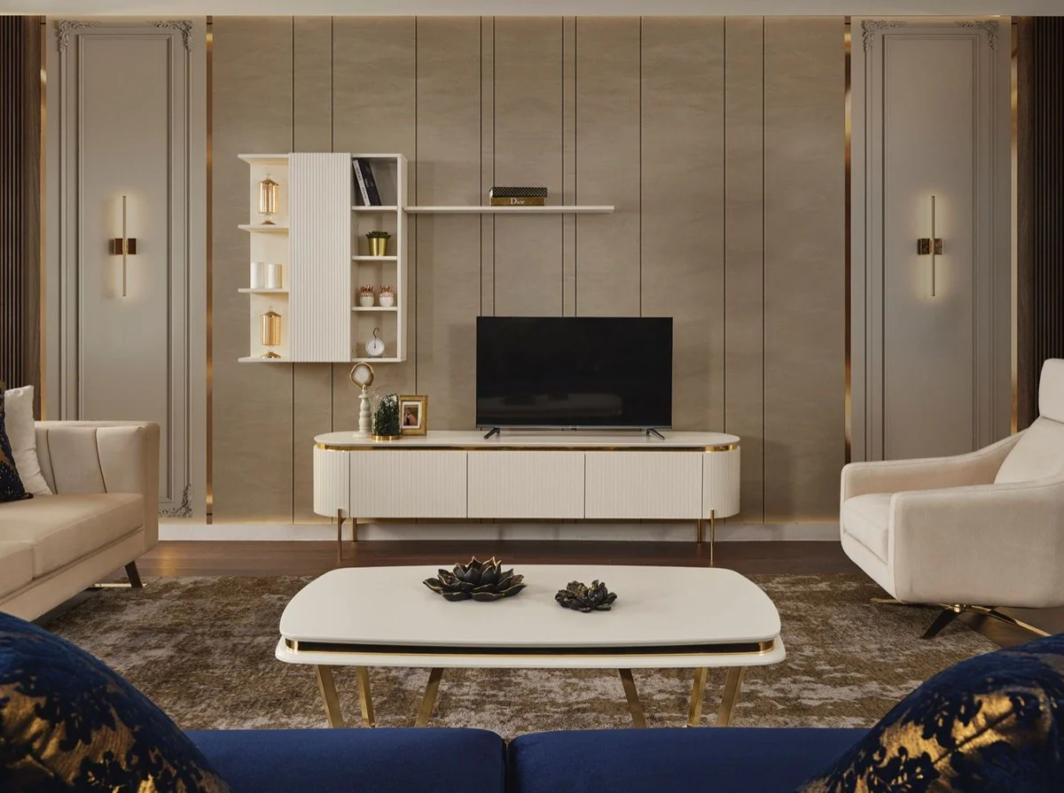 Luxus Couchtisch Weiß / Gold 120 x 70 x H. 40 cm - Rechteckiger Wohnzimmertisch - Luxus Wohnzimmer Möbel