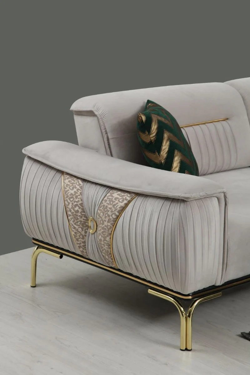 Luxus Wohnzimmer Sofa mit verstellbarer Rückenlehne Grau / Beige / Gold 223 x 93 x H. 78 cm - Luxus Wohnzimmer Möbel