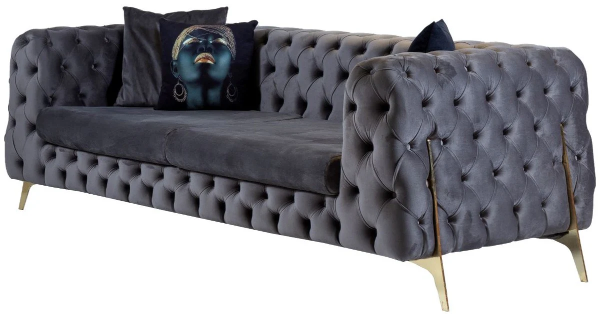 Luxus Chesterfield Samt Sofa Grau / Messing 240 x 95 x H. 81 cm - Modernes Wohnzimmer Sofa - Chesterfield Möbel