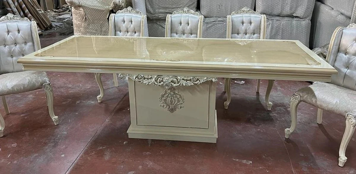 Luxus Barock Esszimmer Set Silber / Beige / Weiß - 1 Barock Esstisch & 6 Barock Esszimmerstühle - Luxus Esszimmer Möbel im Barockstil - Prunkvolle Barock Esszimmer Möbel