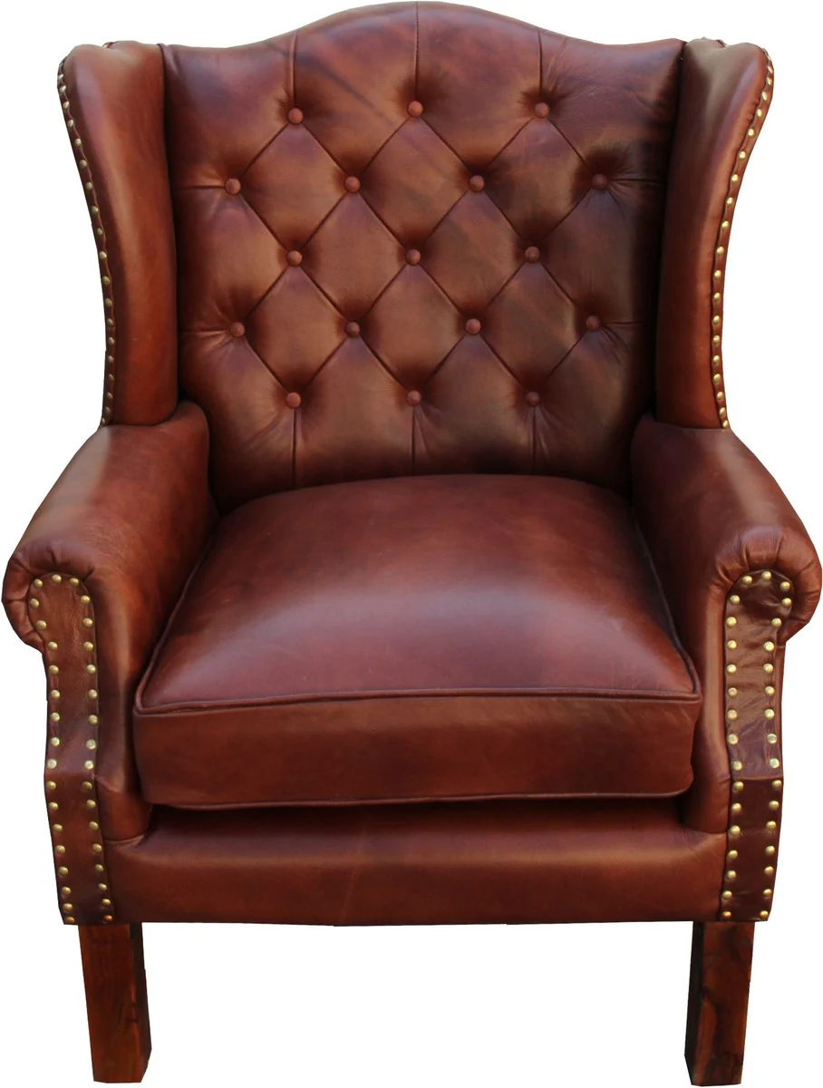 Luxus Echtleder Chesterfield Ohrensessel Braun 72 x 65 x H. 103 cm - Hotel Möbel Ohren Sessel Leder
