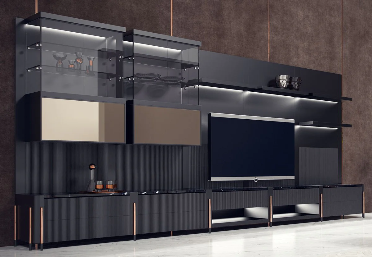 Luxus TV Schrank Matt Schwarz / Schwarz / Kupfer 452 x 47 x H. 202 cm - Wohnzimmer Schrank mit LED Beleuchtung - Wohnzimmer Möbel - Hotel Möbel - Luxus Möbel