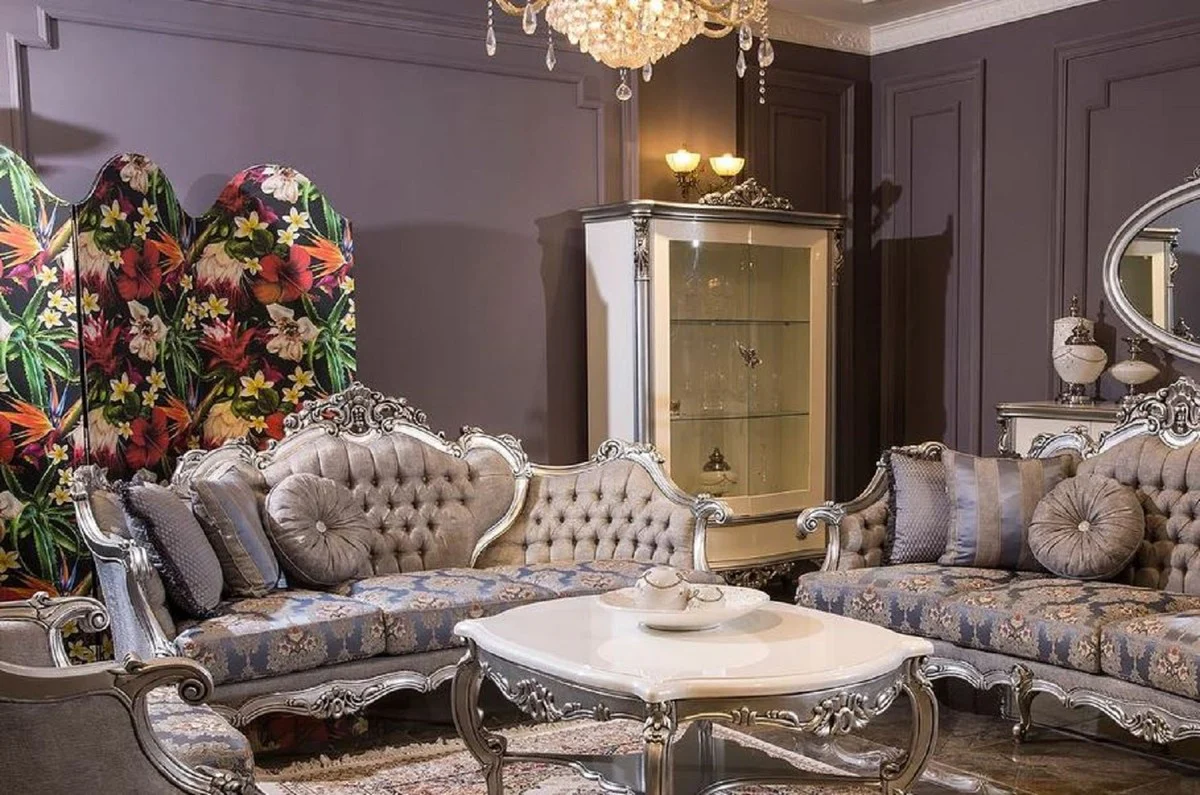 Luxus Barock Wohnzimmer Set Grau / Blau / Silber - 2 Barock Sofas & 2 Barock Sessel & 1 Barock Couchtisch - Wohnzimmer Möbel im Barockstil - Barock Möbel - Barock Einrichtung