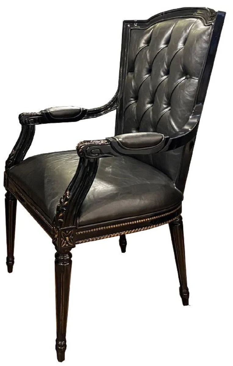 Luxus Barock Esszimmer Set Schwarz / Gold - 1 Esstisch mit Glasplatte & 6 Esszimmerstühle - Edle Esszimmer Möbel im Barockstil