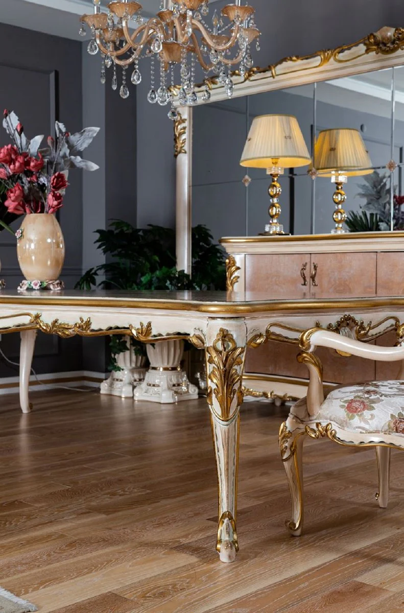 Luxus Barock Esstisch Beige / Weiß / Gold - Prunkvoller Massivholz Esszimmertisch im Barockstil - Barock Esszimmer Möbel