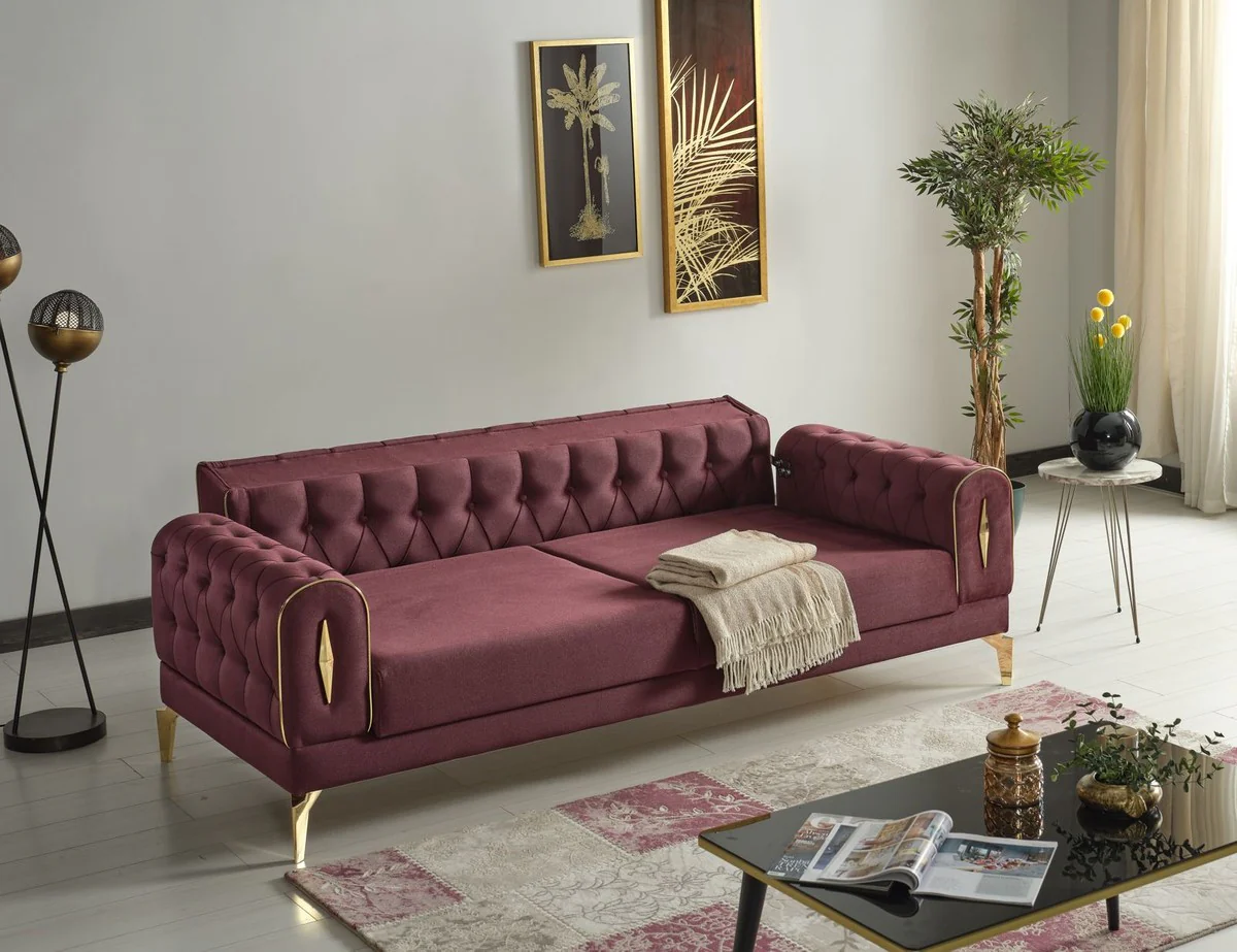 Luxus Schlafsofa Weinrot / Gold 225 x 95 x H. 83 cm - Wohnzimmer Sofa mit 4 Kissen - Luxus Wohnzimmer Möbel