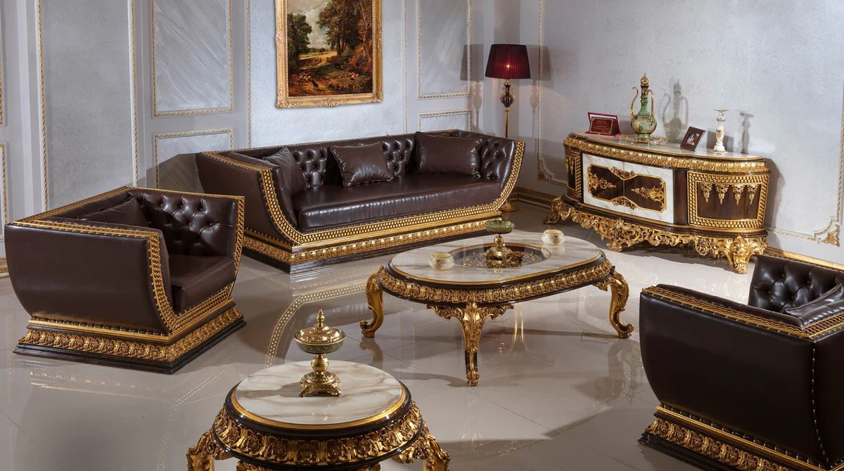 Luxus Barock Beistelltisch Weiß / Dunkelbraun / Gold - Prunkvoller Massivholz Tisch im Barockstil - Barock Wohnzimmer Möbel - Edel & Prunkvoll
