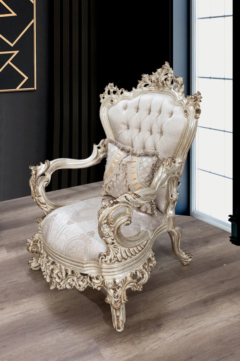 Luxus Barock Wohnzimmer Set Cremefarben / Beige / Antik Gold - 2 Sofas & 2 Sessel & 1 Couchtisch - Handgefertigte Wohnzimmer Möbel im Barockstil - Edel & Prunkvoll