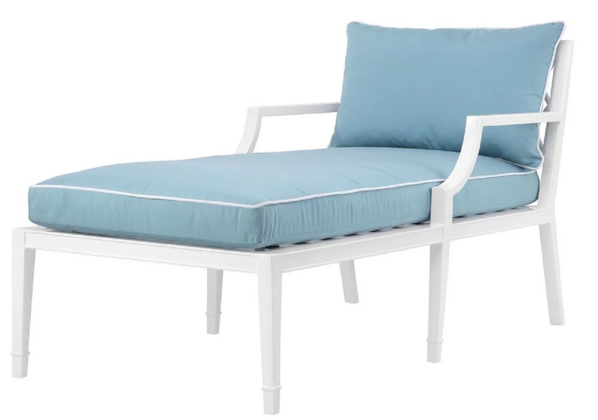 Luxus Chaiselongue Weiß / Hellblau 68,5 x 157 x H. 79 cm - Liegesessel aus hochwertigen strapazierbarem Aluminium - Wohnzimmermöbel - Gartenmöbel - Gastronomie Möbel