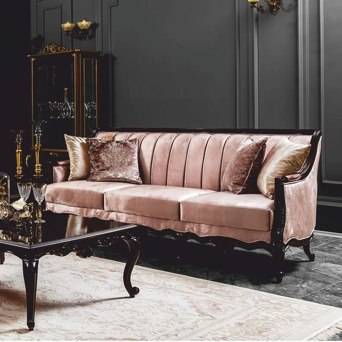 Luxus Barock Sofa Rosa / Dunkelbraun 229 cm - Barock Möbel