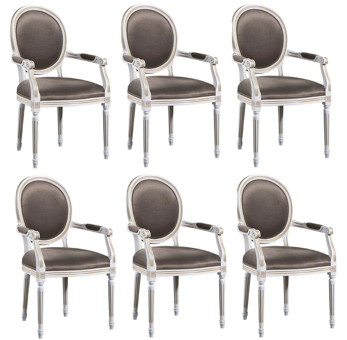 Luxus Barock Esszimmer Set Weiß / Gold / Grau 59 x 43,5 x H. 98 cm - 6 Esszimmerstühle mit Armlehnen - Esszimmermöbel