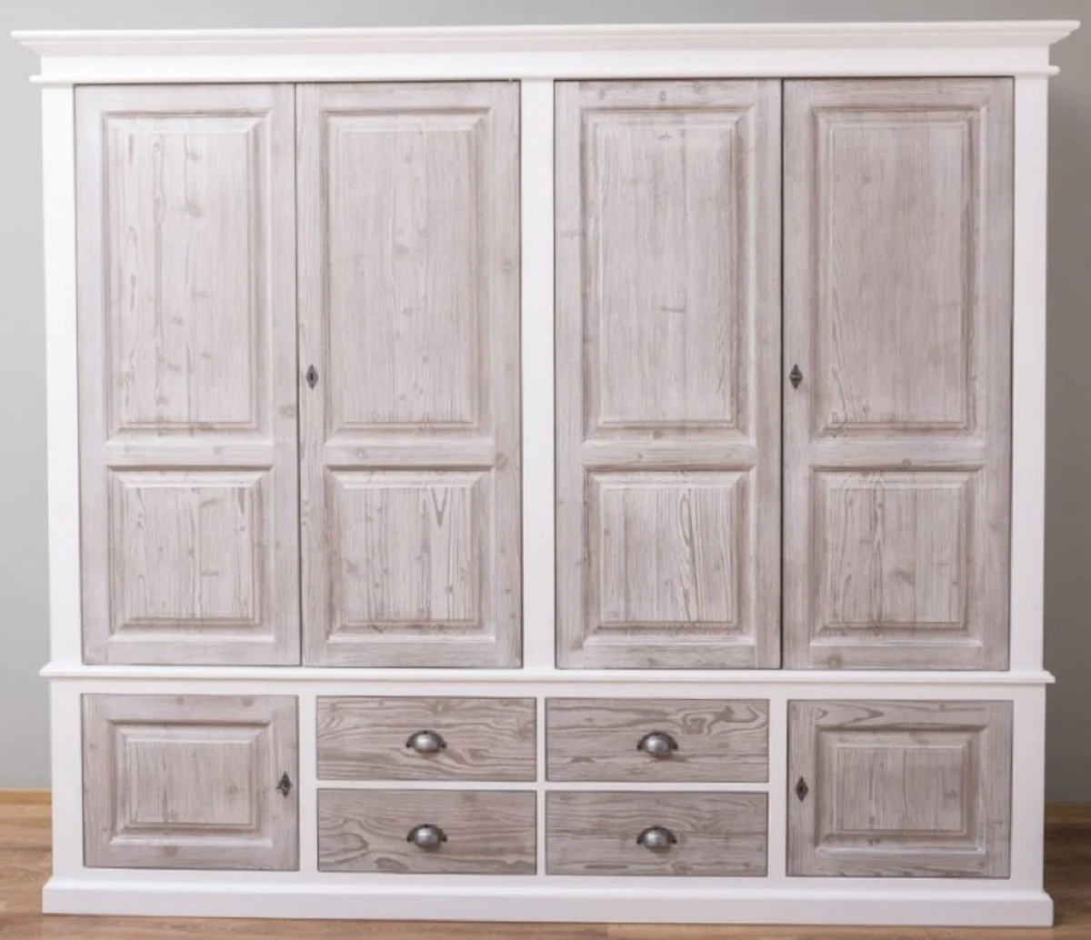 Landhausstil Schlafzimmerschrank Weiß / Naturfarben 232 x 59 x H. 197 cm - Massivholz Kleiderschrank mit 6 Türen und 4 Schubladen - Massivholz Schlafzimmer Möbel im Landhausstil